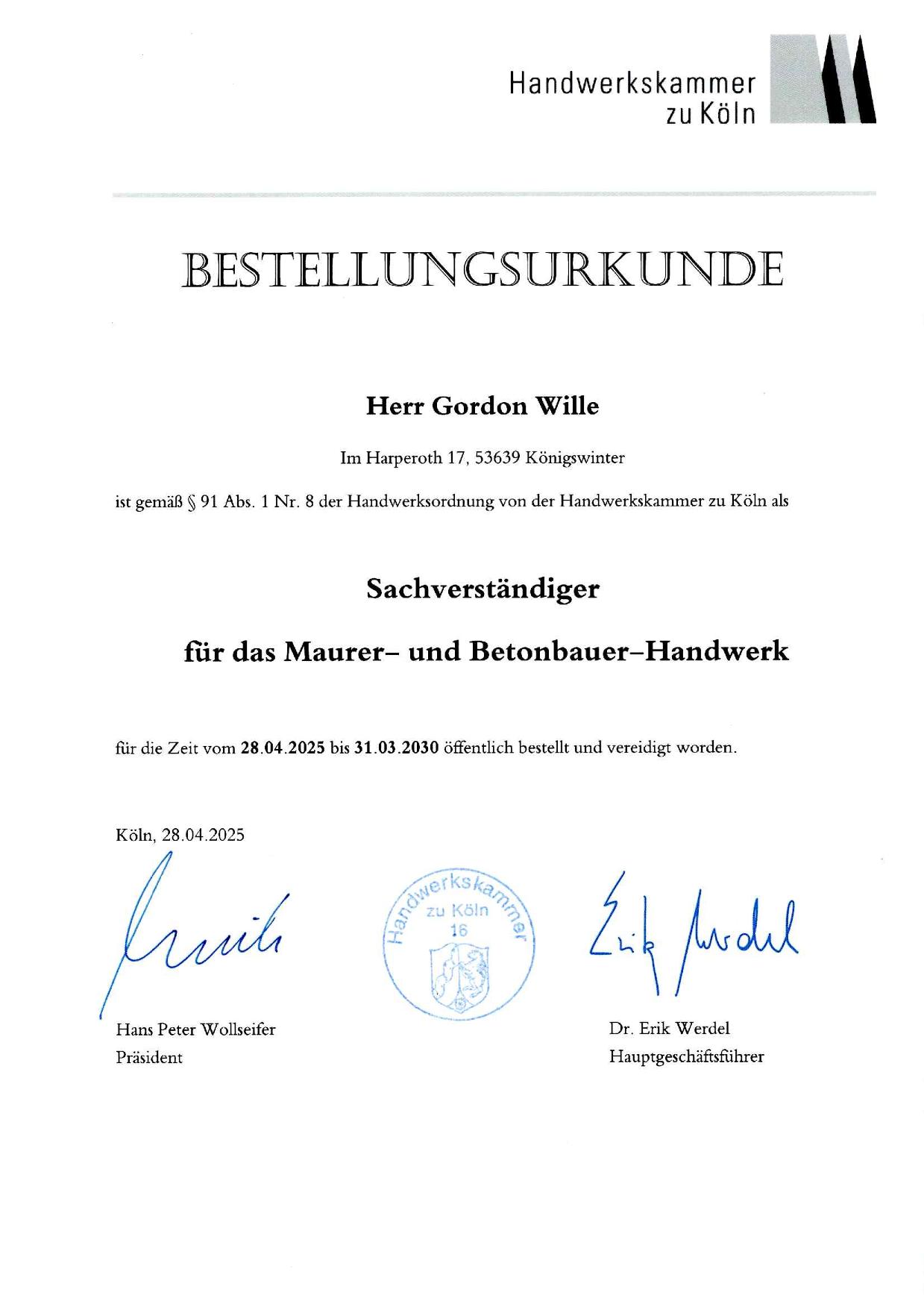 HWK Bestellungsurkunde - Sachverständiger für das Mauerer- und Betonbauer-Handwerk